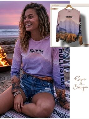 🌿Hollister Unisex Medium Nature Graphic Print Ombre Long sleeve Scoop Hem Top